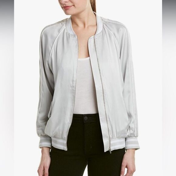 Equipment Bomber Jacket Womens  Sz XS Silk  Light Gray Back Embroidered NWT - Picture 2 of 16
